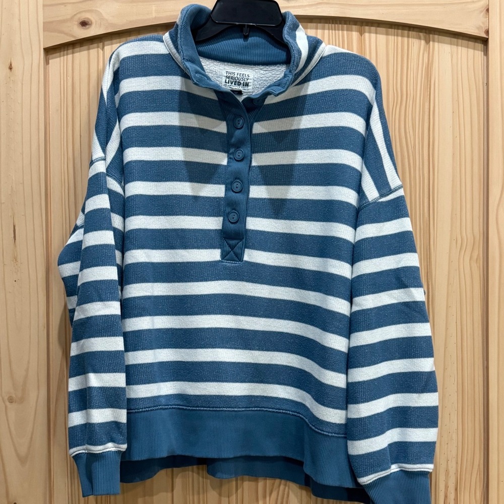 American Eagle Seriously Lived-In Striped Henley Sweatshirt Blue White Size M